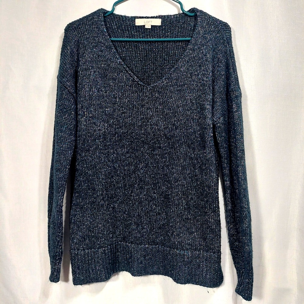 Loft Womens Small Cable Knit Pullover Sweater Ribbed Hem Metallic Threads V Neck
